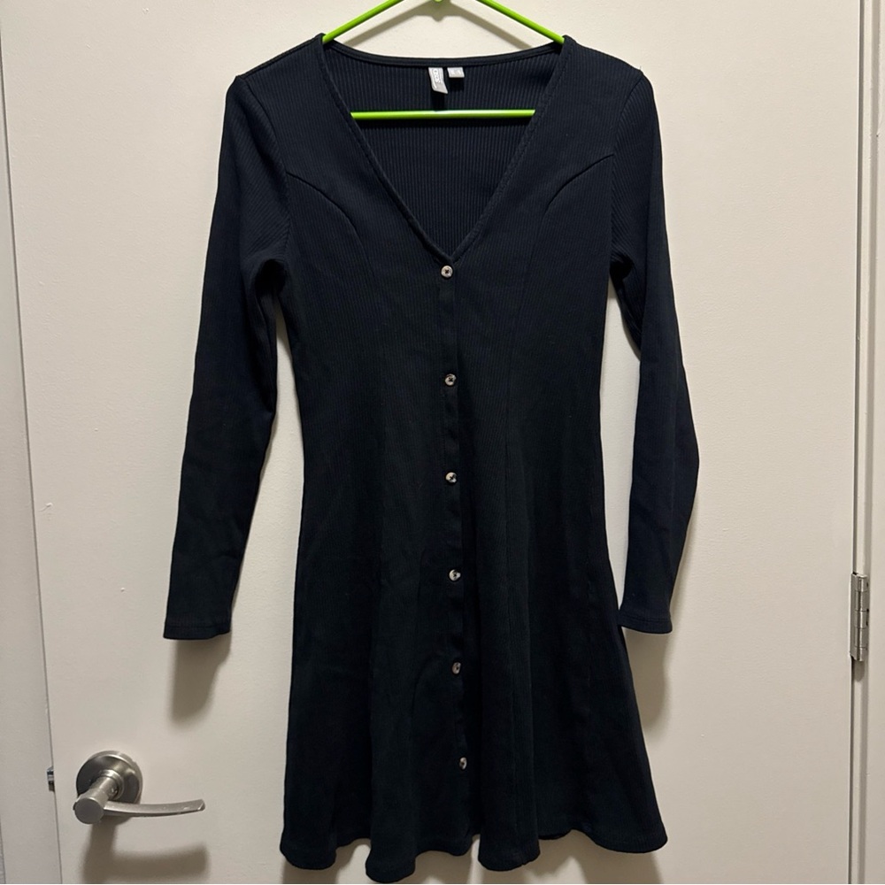 ASOS Button-Front Black Ribbed V-Neck Dress - Picture 2 of 5